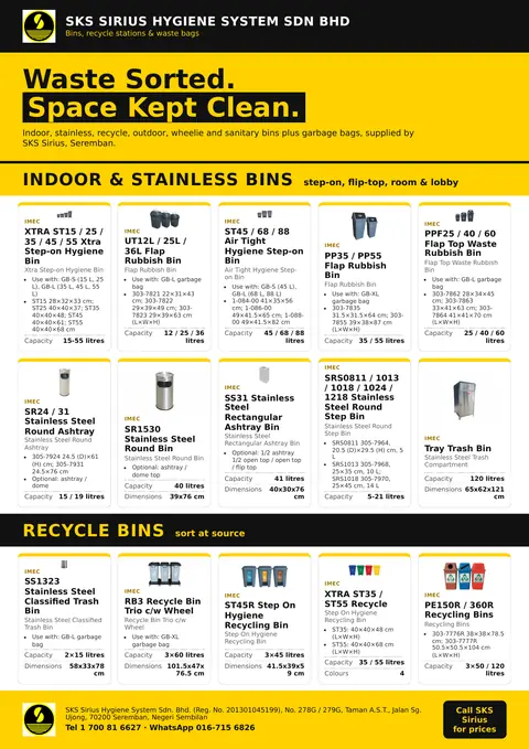 SKS flyer page: Bins & Waste: Indoor, stainless & recycle bins