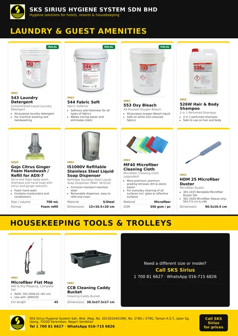 SKS flyer page: Hotel & Housekeeping: Laundry, guest amenities & housekeeping tools