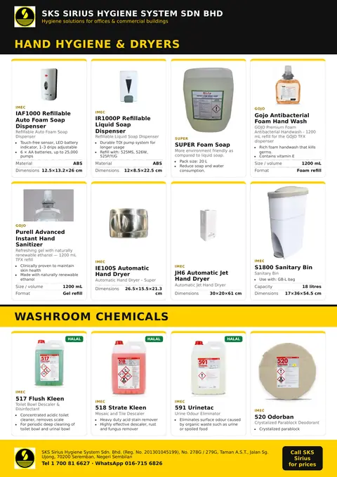 SKS flyer page: Office & Washroom: Hand hygiene, dryers & washroom chemicals