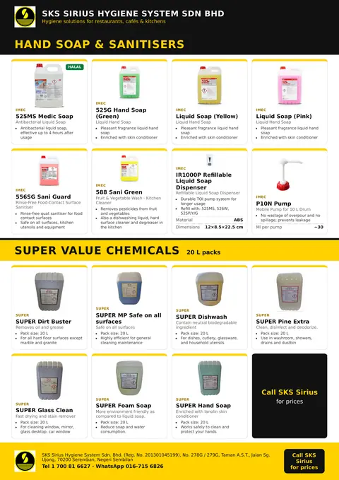 SKS flyer page: Restaurant: Hand soap, sanitisers & SUPER value chemicals